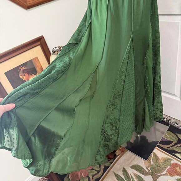 Monsoon Forest Green Pleated Patchwork Silk Blend Fairycore Maxi Skirt 6/S - Picture 2 of 8